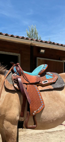 Selle western bleu et marron taille 17,5