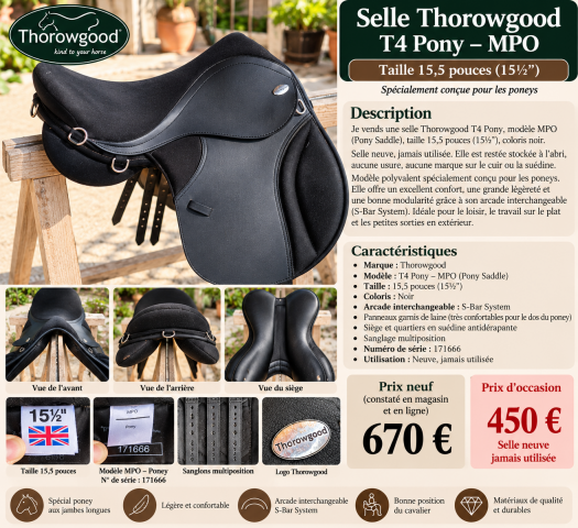 Selle thorowgood t4 pony mpo – 15,5 pouces – neuve 