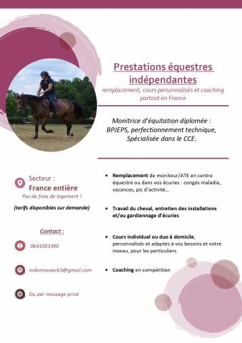 Monitrice indépendante, propose prestations équestres